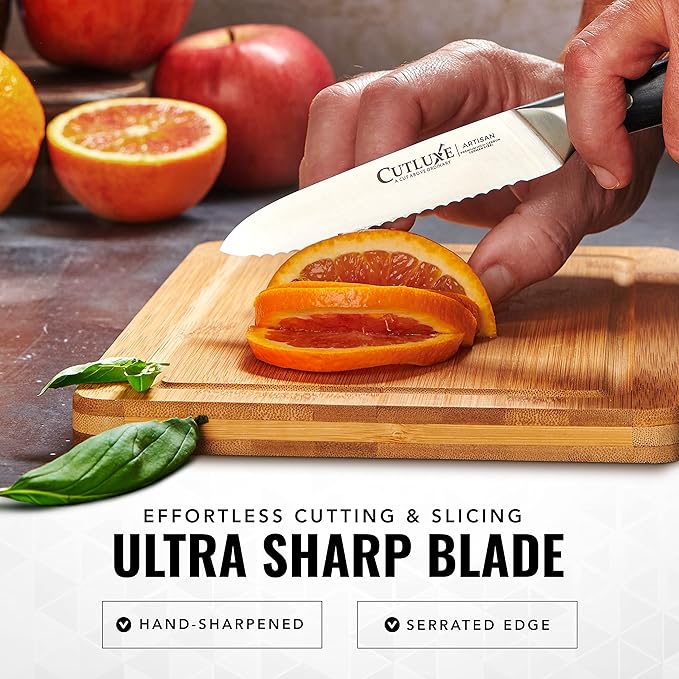Cutluxe Serrated Tomato Knife – 5" Kitchen Utility Knife for Vegetables, Fruit & Bread – Razor Sharp Forged High Carbon German Steel, Full Tang, Ergonomic Pakkawood Handle – Artisan Series