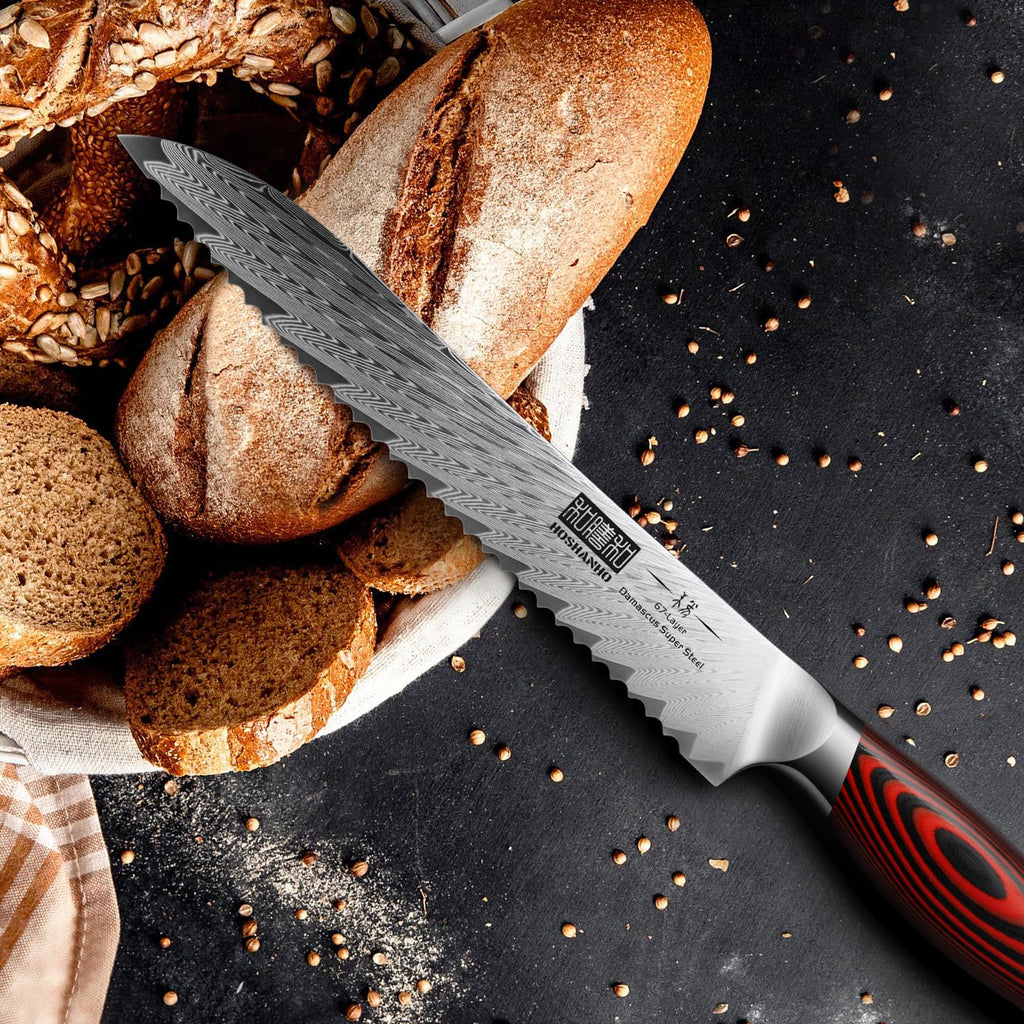 HOSHANHO 8" Damascus Bread Knife, Ultra Sharp Serrated Sourdough Knife