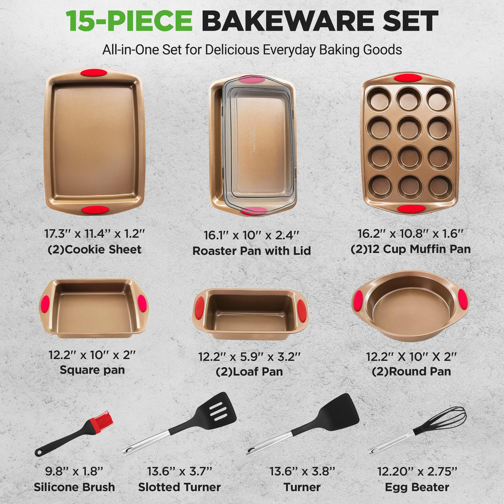 NutriChef 15-Piece Nonstick Bakeware Set w/ Baking Utensils – Premium Oven Safe Baking Pans with Silicone Handles, Easy Clean, Dishwasher Safe Tray Set for Cakes, Muffins, Bread, Cookies & Roasting