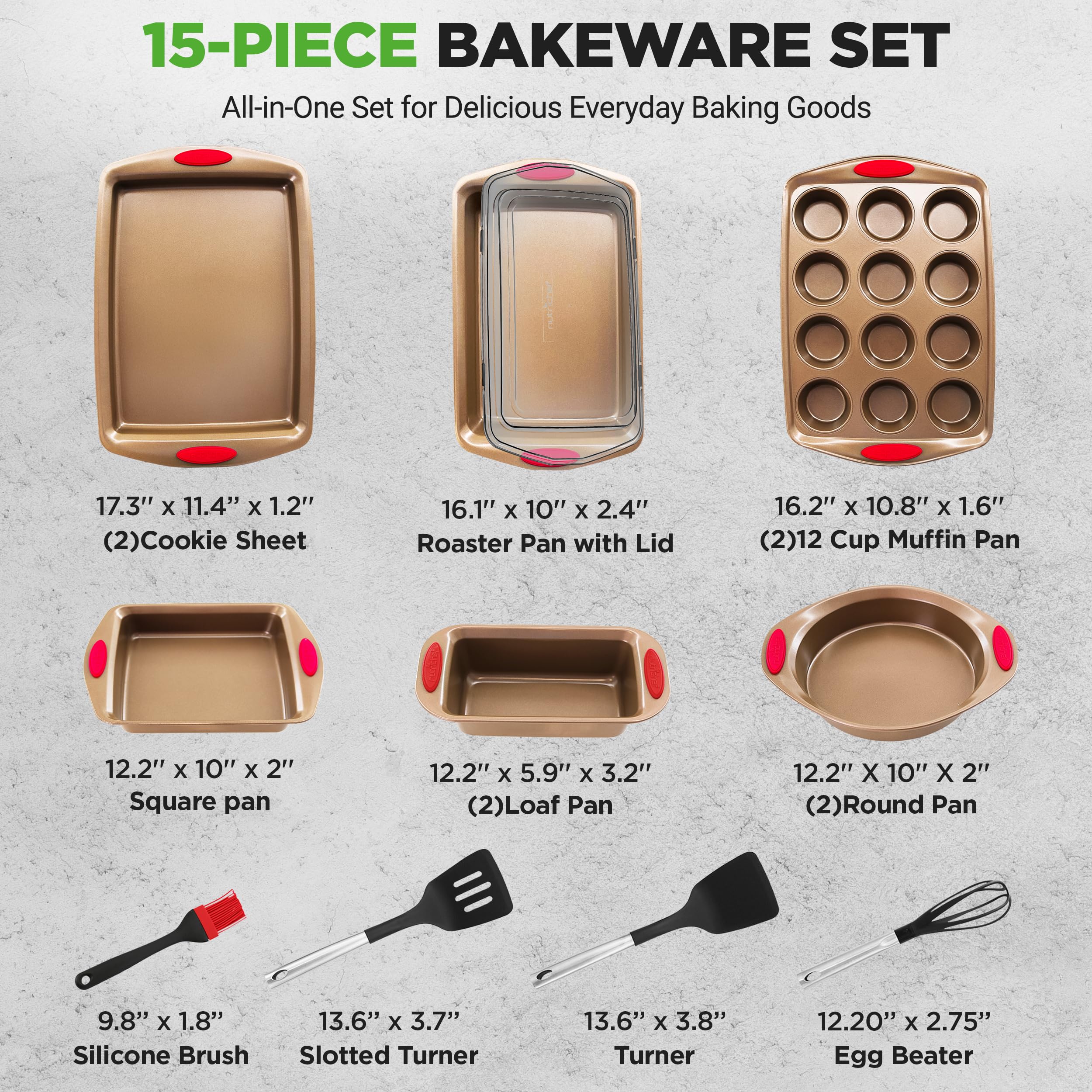 NutriChef 15-Piece Nonstick Bakeware Set w/ Baking Utensils – Premium Oven Safe Baking Pans with Silicone Handles, Easy Clean, Dishwasher Safe Tray Set for Cakes, Muffins, Bread, Cookies & Roasting