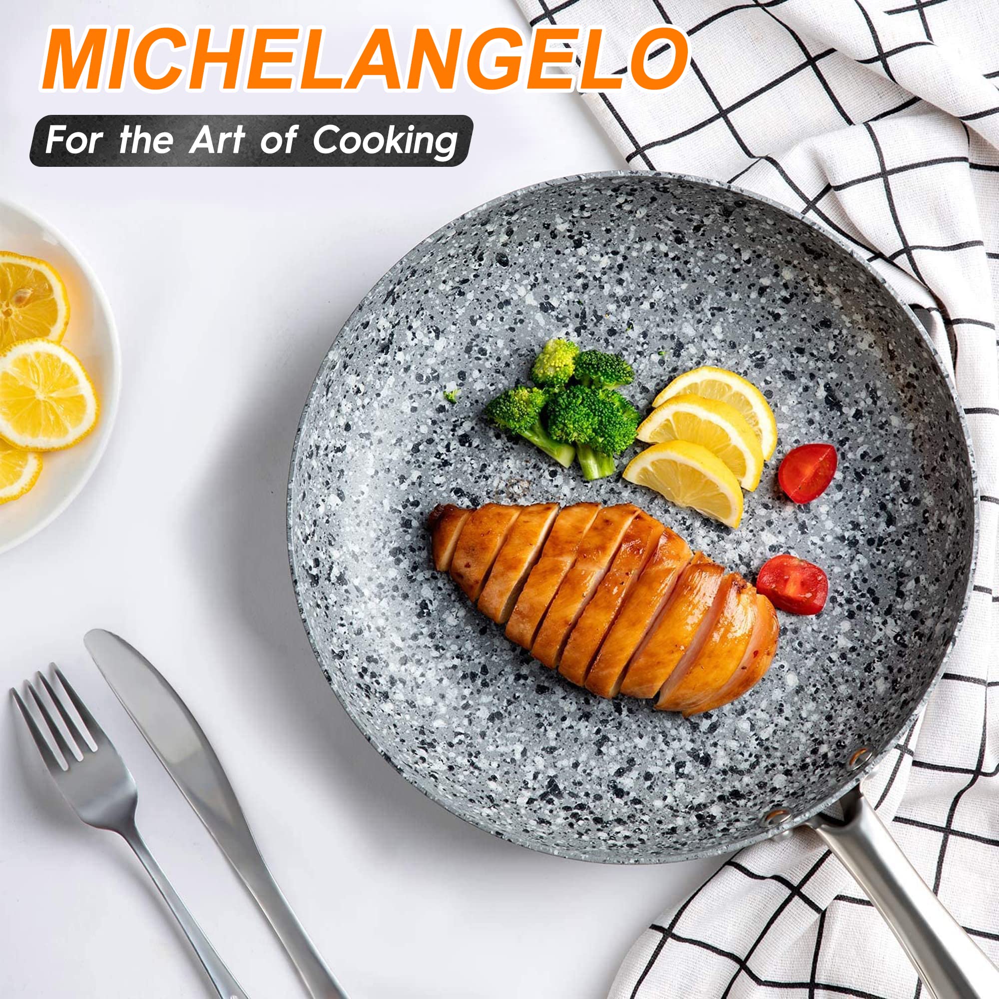MICHELANGELO Granite Frying Pan with Lid, Nonstick 12 Inch Frying Pan with Non toxic Granite Coating, Induction Compatible