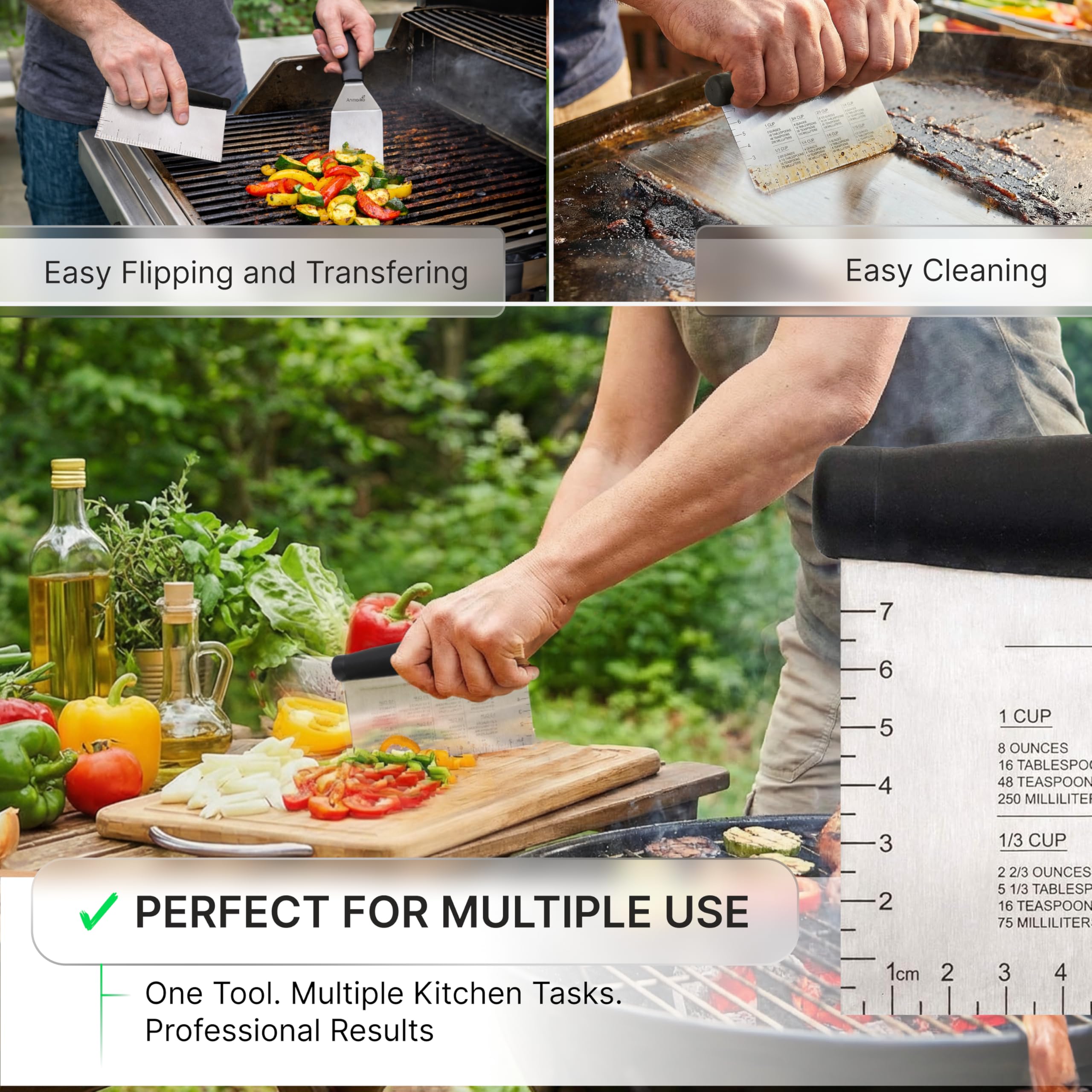 Metal Spatula Stainless Steel and Scraper - Professional Chef Griddle Spatulas Set of 3 - Heavy Duty Accessories Great for Cast Iron BBQ Flat Top Grill Skillet Pan - Commercial Grade