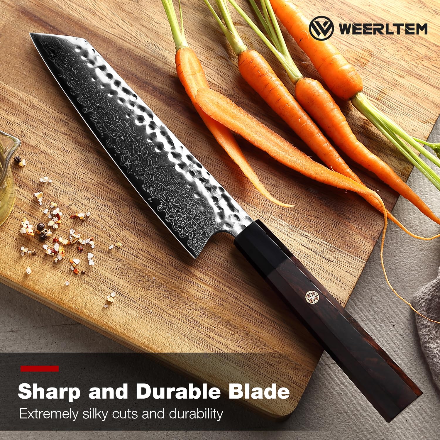WEERLTEM Kiritsuke Chef Knife 8 Inch, Hand-forged 67-Layer VG10 High Carbon Steel Japanese Damascus Chef Knife, Ultra Sharp Hammered Damascus Chef Knife with Octagonal Ebony Handle & Gift Box