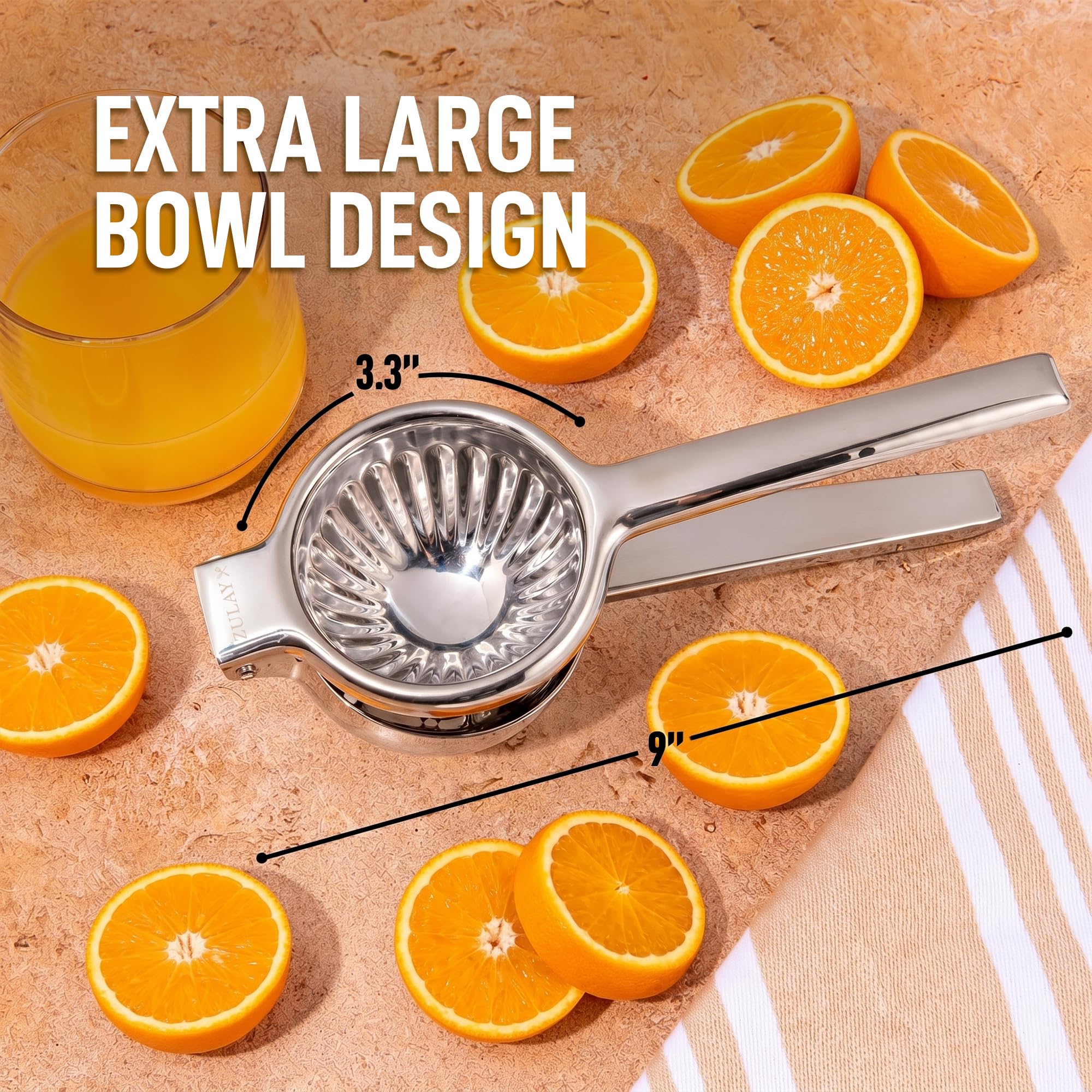 Zulay Kitchen Extra Large Lemon Squeezer Stainless Steel - Easy Squeeze Heavy Duty Lemon Juicer Hand Press - Ergonomic Citrus Squeezer & Fruit Juicer for Small Oranges, Lemons, & Limes - Silver