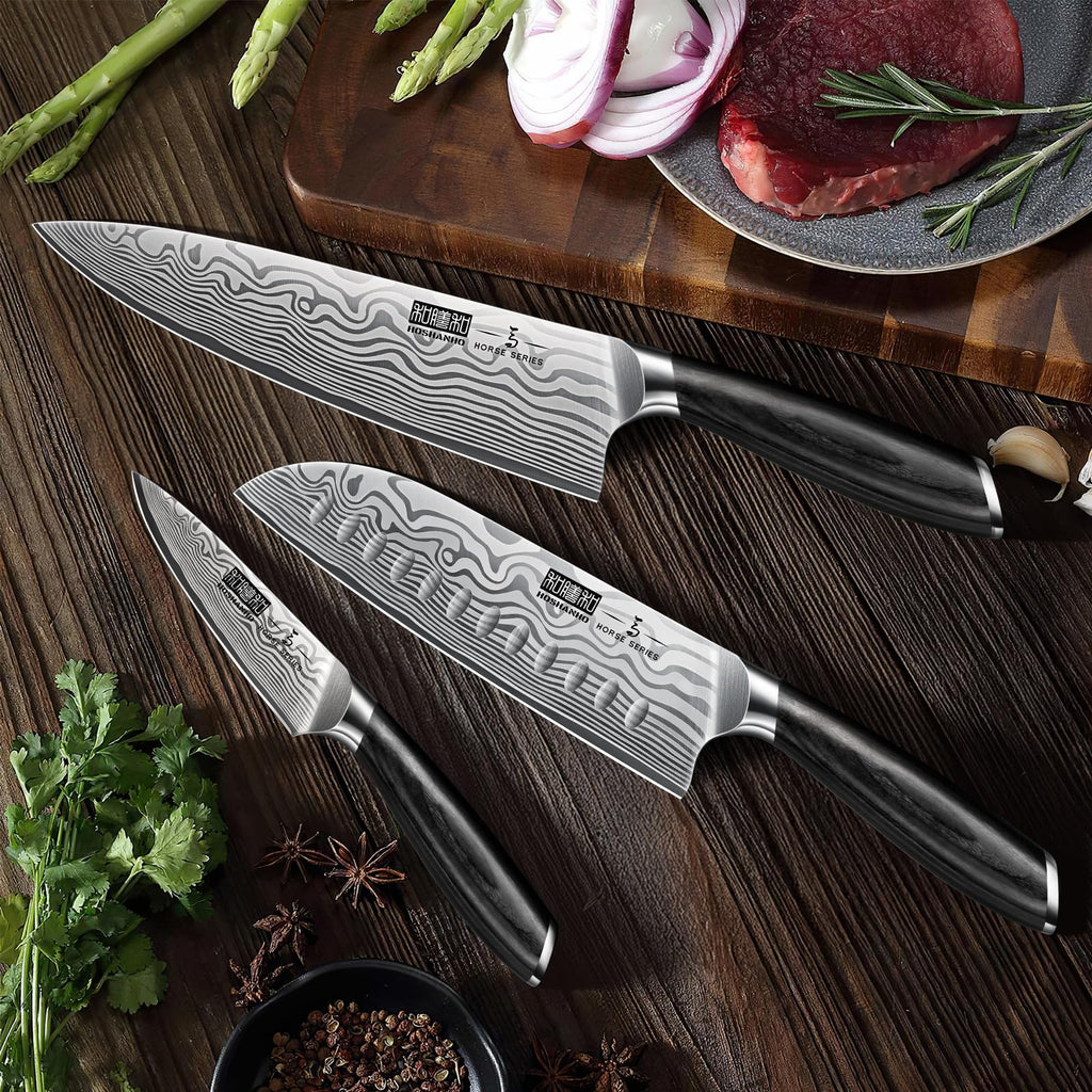 HOSHANHO 3 Pcs Knife Set, Professional Kitchen Knife Set, Pakkawood Handle