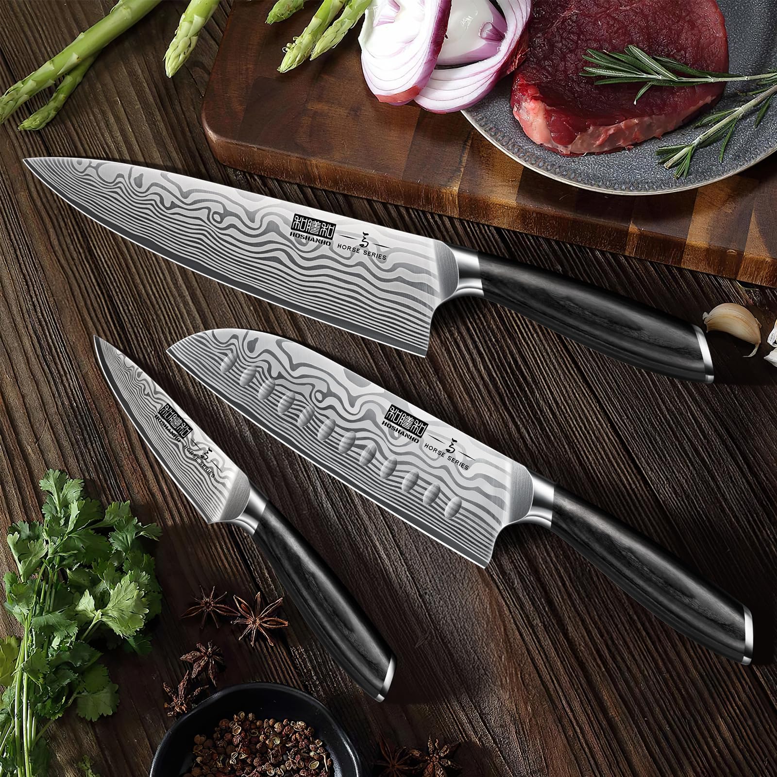 HOSHANHO 3 Pcs Knife Set, Professional Kitchen Knife Set, Pakkawood Handle