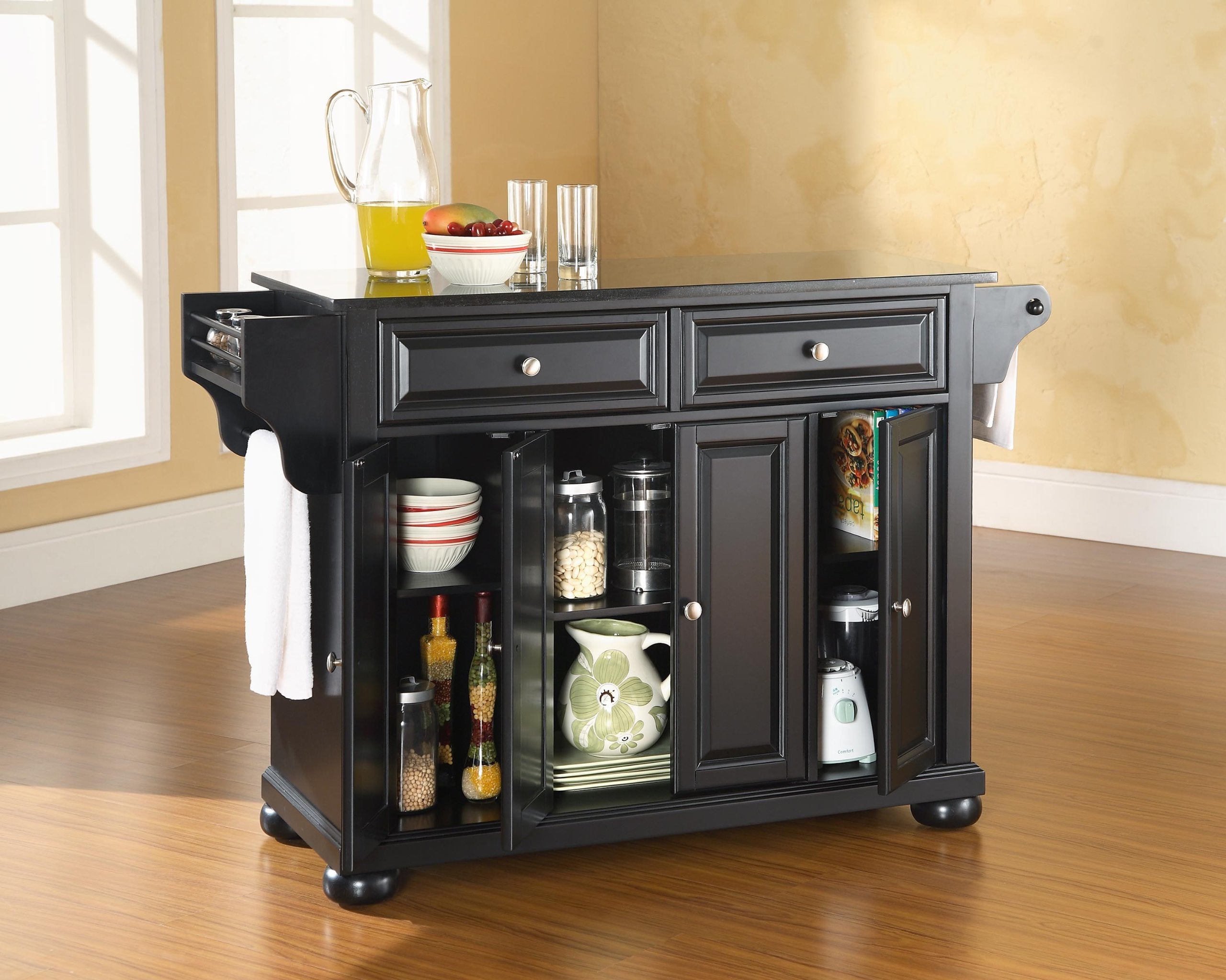 Crosley Furniture Alexandria Granite Top Rolling Kitchen Island Storage Cart, Microwave Stand, Spice Rack, Black