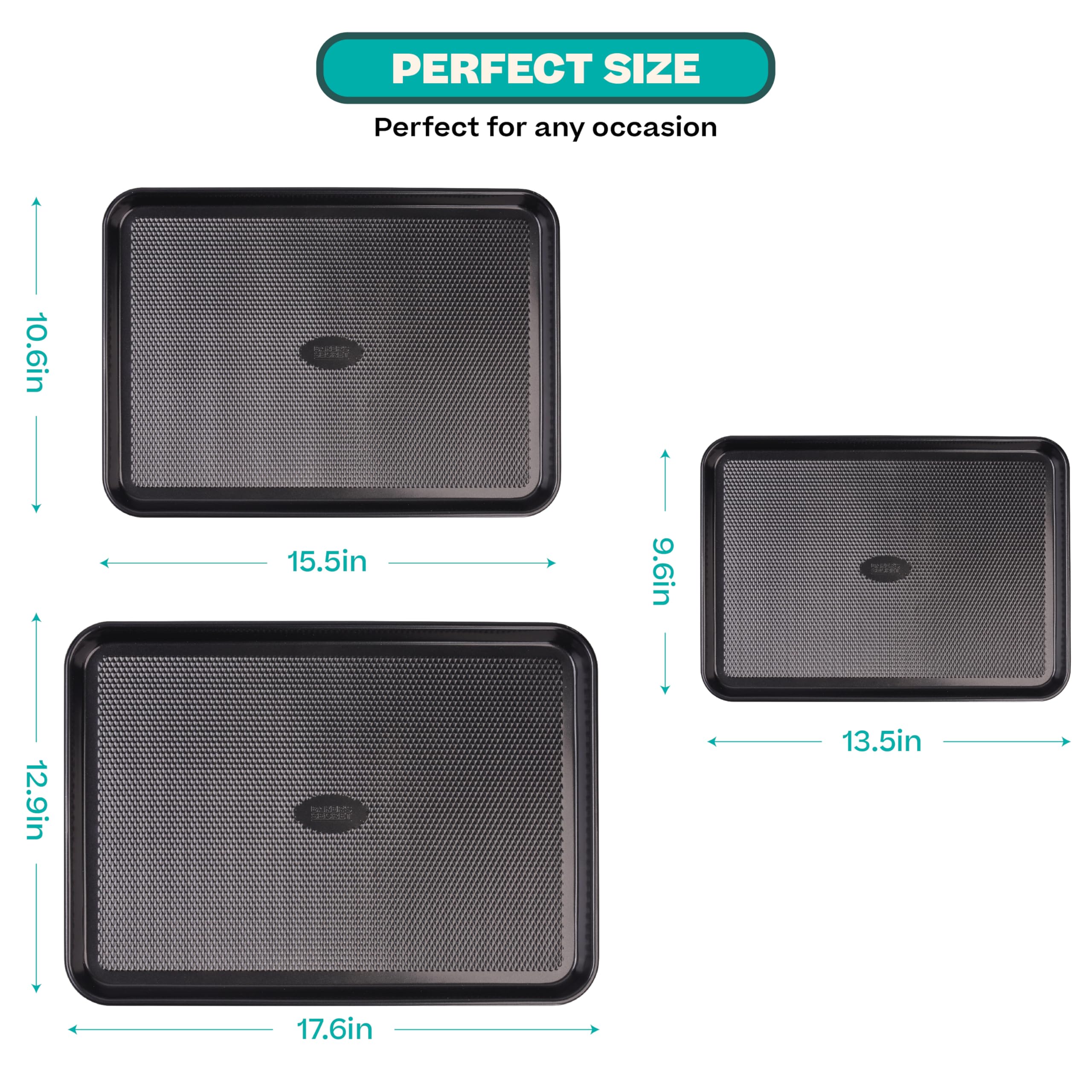 Baker's Secret Baking Sheet Pan Set, 3x Cookie Sheets for Oven, Diamond Texture Premium Air Flow Circulation, Set of 3 Baking Trays, Extra Thick 0.6mm with Diamond Base PFOA, PFOS, PTFE and PFAS free