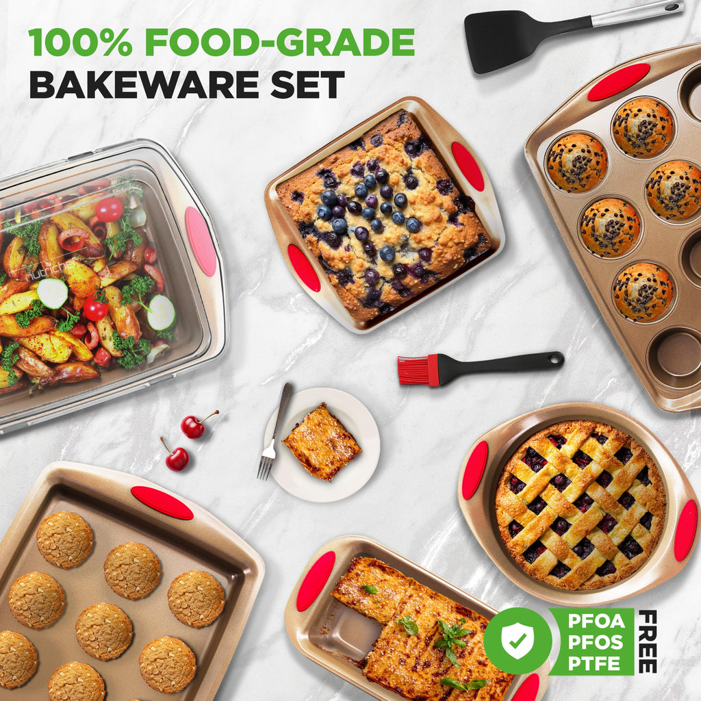 NutriChef 15-Piece Nonstick Bakeware Set w/ Baking Utensils – Premium Oven Safe Baking Pans with Silicone Handles, Easy Clean, Dishwasher Safe Tray Set for Cakes, Muffins, Bread, Cookies & Roasting