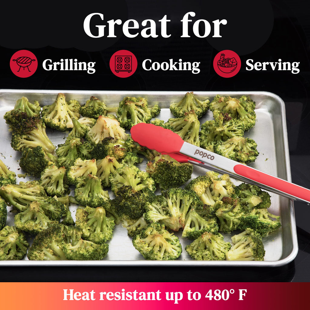 Popco 3-Piece Kitchen Tongs Set – Stainless Steel Heat Resistant Silicone Tips, Strong Comfort Grip, 3 Sizes (7, 9, 12 Inch), Non-Scratch, Dishwasher Safe, For Cooking, BBQ, Salad