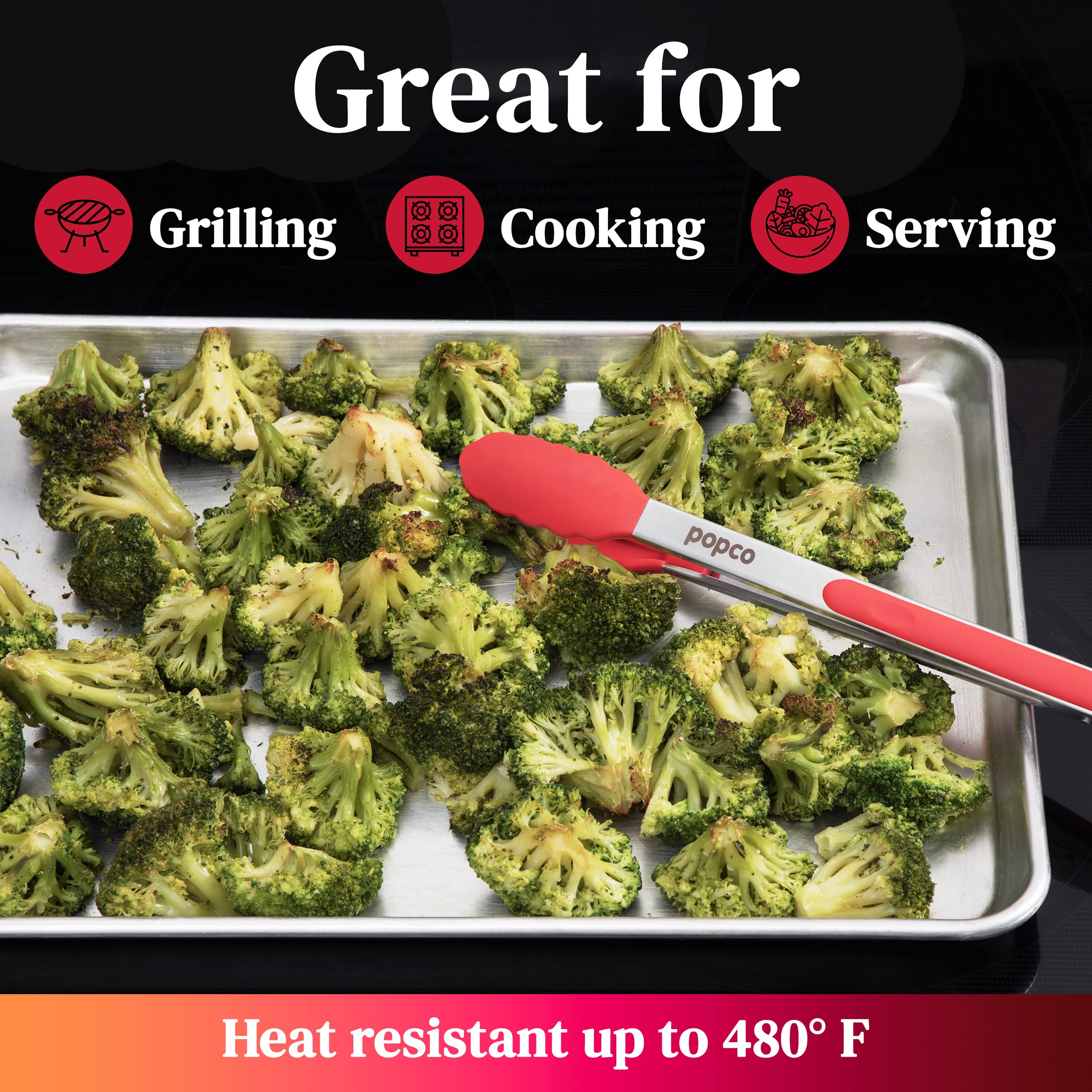Popco 3-Piece Kitchen Tongs Set – Stainless Steel Heat Resistant Silicone Tips, Strong Comfort Grip, 3 Sizes (7, 9, 12 Inch), Non-Scratch, Dishwasher Safe, For Cooking, BBQ, Salad