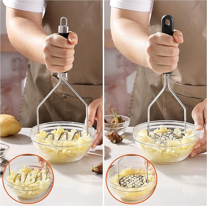 2PCS Potato Masher, OLULU Heavy Duty Stainless Steel Mashed Potatoes Masher, Masher Kitchen Tool for Avocado, Potatoes, Beans, Meat, Vegetables, 10.24inch, Dishwasher Safe