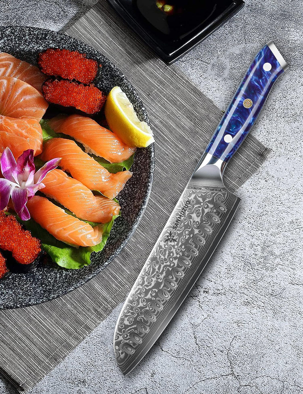 SANMUZUO Santoku Knife - 7 inch - Xuan Series - VG10 Damascus Steel Kitchen Knife - Resin Handle (Sapphire Blue)