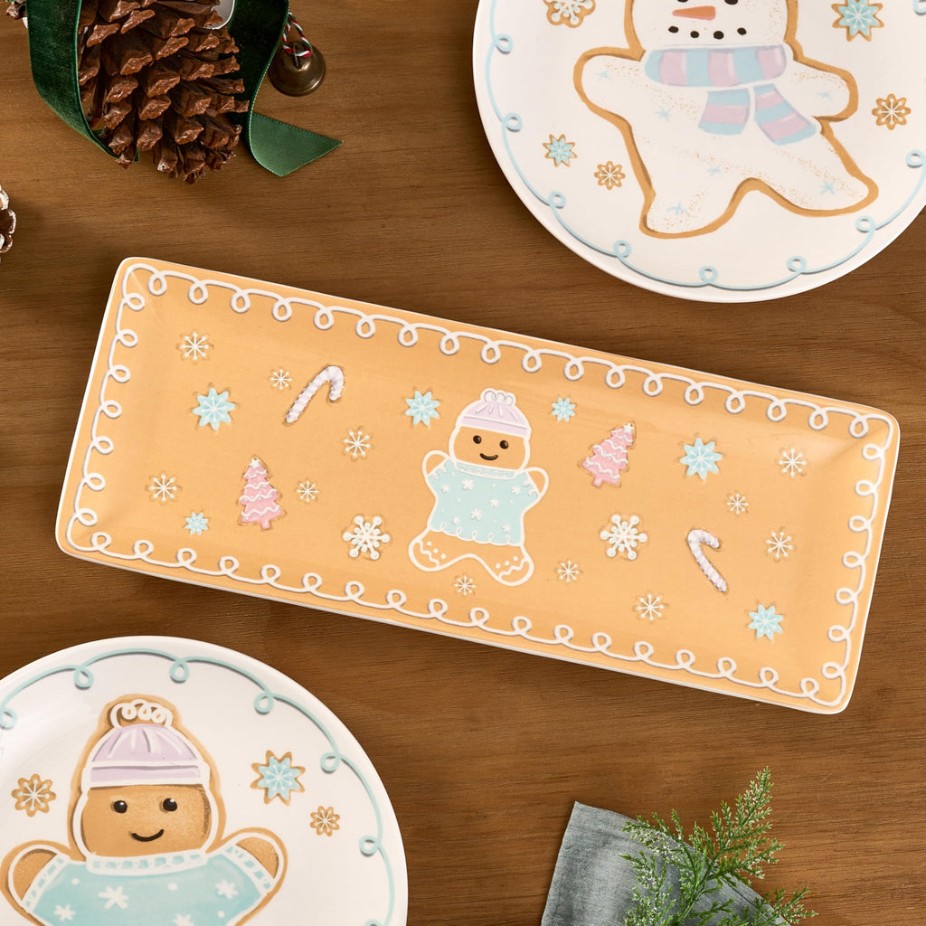 Bico Pastel Gingerbread Man Gnomes Ceramic Rectangular Serving Platters Set of 2, 14 Inch, Microwave & Dishwasher Safe, Large and Medium Platters for Appetizers, Cheese, Salad, Pasta