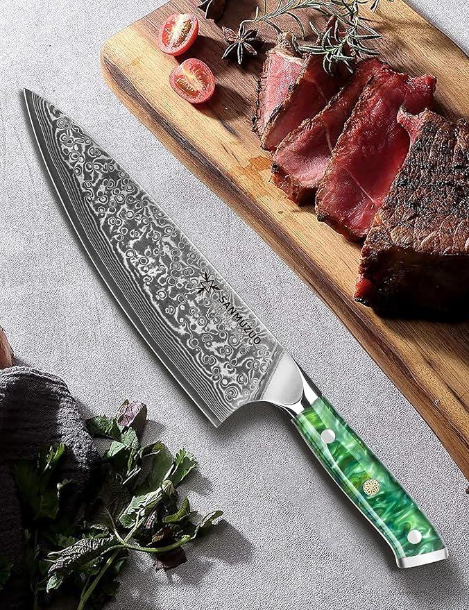 SANMUZUO Chef Knife - 8 inch - Xuan Series - VG10 Damascus Steel Kitchen Knife - Resin Handle (Jade Green)