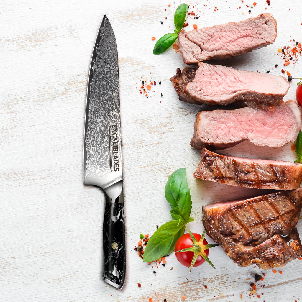 EXCALIBLADES 8” Chef Knife – VG10 Damascus Steel Kitchen Knife, Razor Sharp Professional Cooking Knife with Ergonomic G10 Handle, Luxury Gift Box & Sheath, Gift for Home Chefs