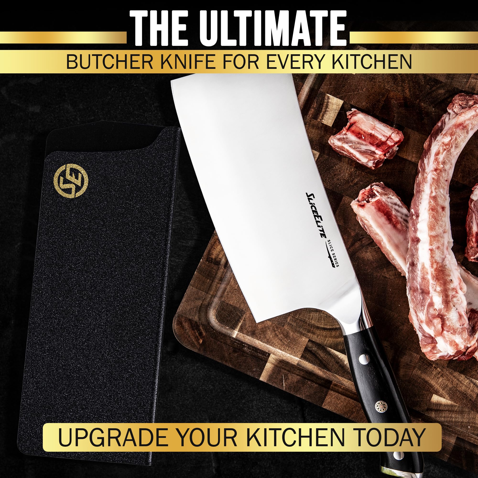 SliceElite Slice Series 7 Inch Bone Cutting knife High Carbon German Steel Blade Pakkawood Handle Dual Sheath Cleaver Chopper Butcher Tool Heavy Duty Kitchen Meat Slicer Vegetable Sharp Gift BBQ Chef
