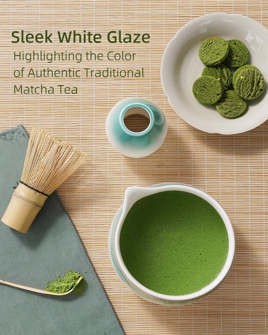 ZENS Matcha Whisk Set, 5pcs Matcha Kit Set Includes Ceramic Bowl, Bamboo Whisk and Chasen Holder, Scoop & Tea Mat for Matcha Ceremony, Blue