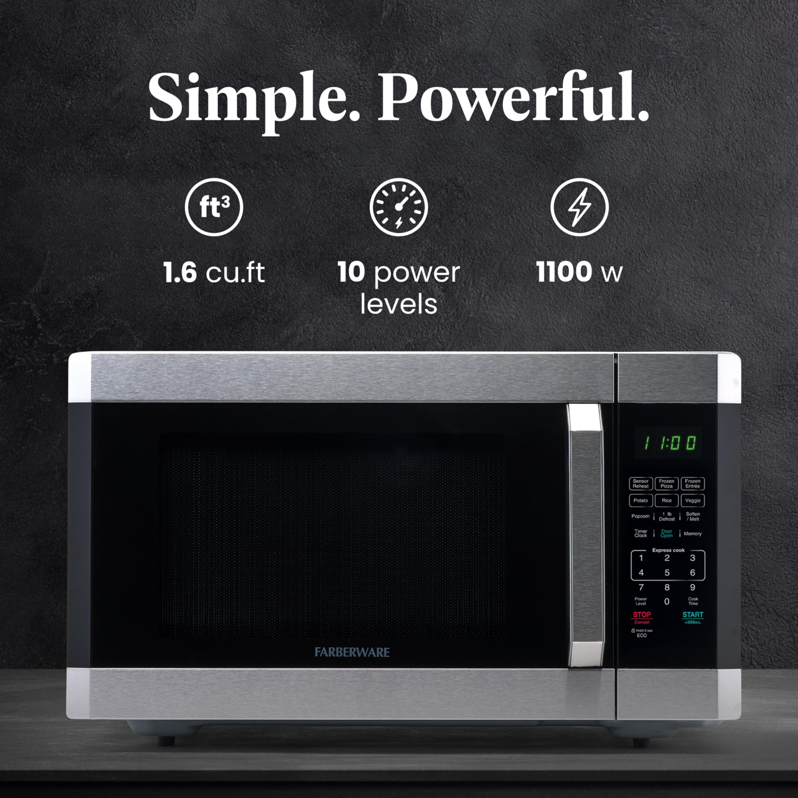 Farberware 1.6 Cu. Ft. Countertop Microwave Oven – 1100 Watts Power, Smart Sensor Auto Cook Settings, Defrost, Easy Clean and Child Safety Lock - Stainless
