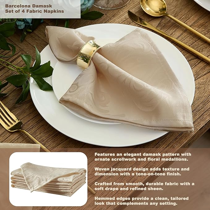 Newbridge Barcelona Luxury Damask Fabric Tablecloth, 108” Round, Golden Beige, 100% Polyester, No Iron, Soil Resistant Dining Room, Party and Banquet Table Cover