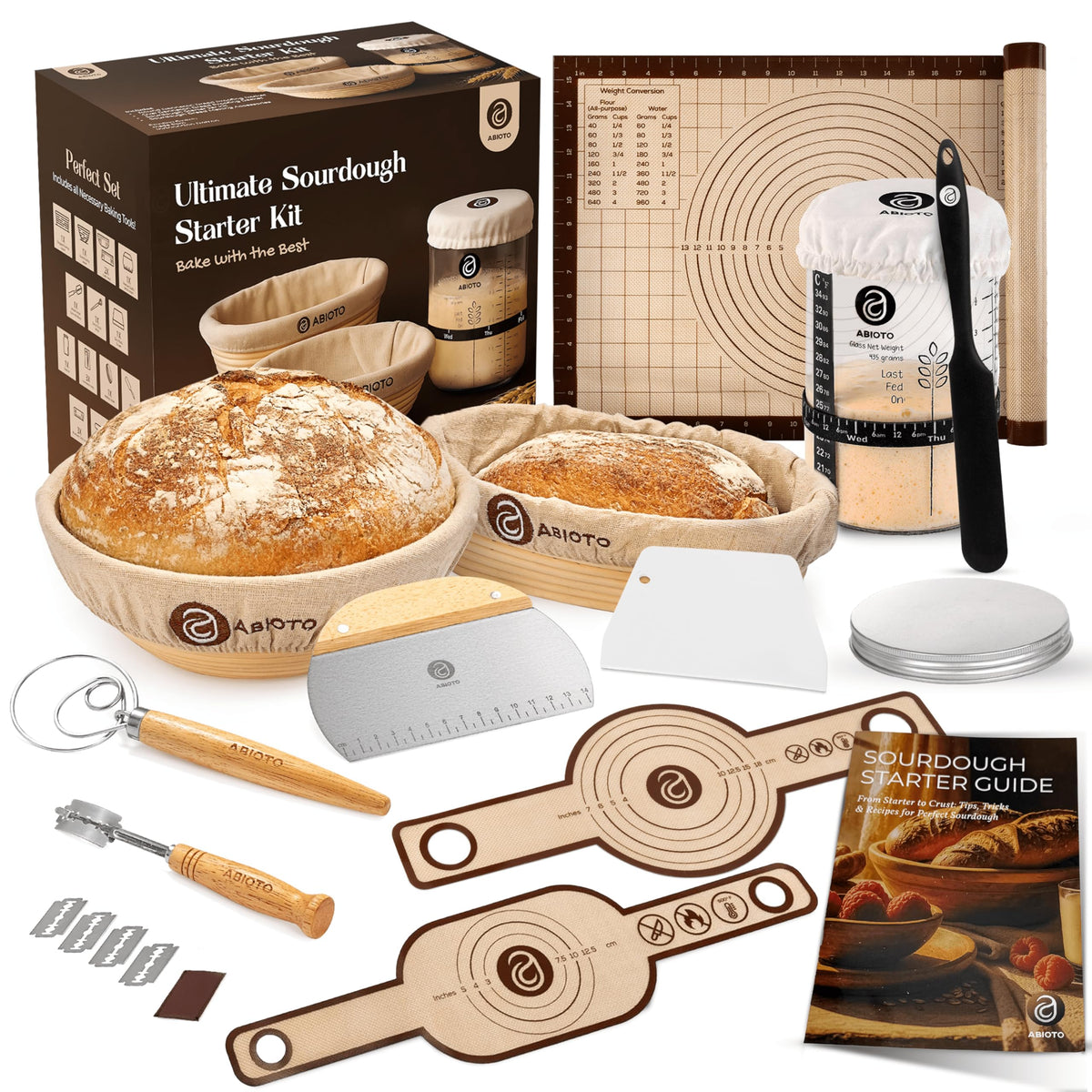 Sourdough Starter Kit with 10" Round & 11" Oval Banneton Proofing Basket and 34oz Starter Jar - Beginner-Friendly Sourdough Bread Baking Supplies and Baking Gifts for Women, Men, and Bread Bakers