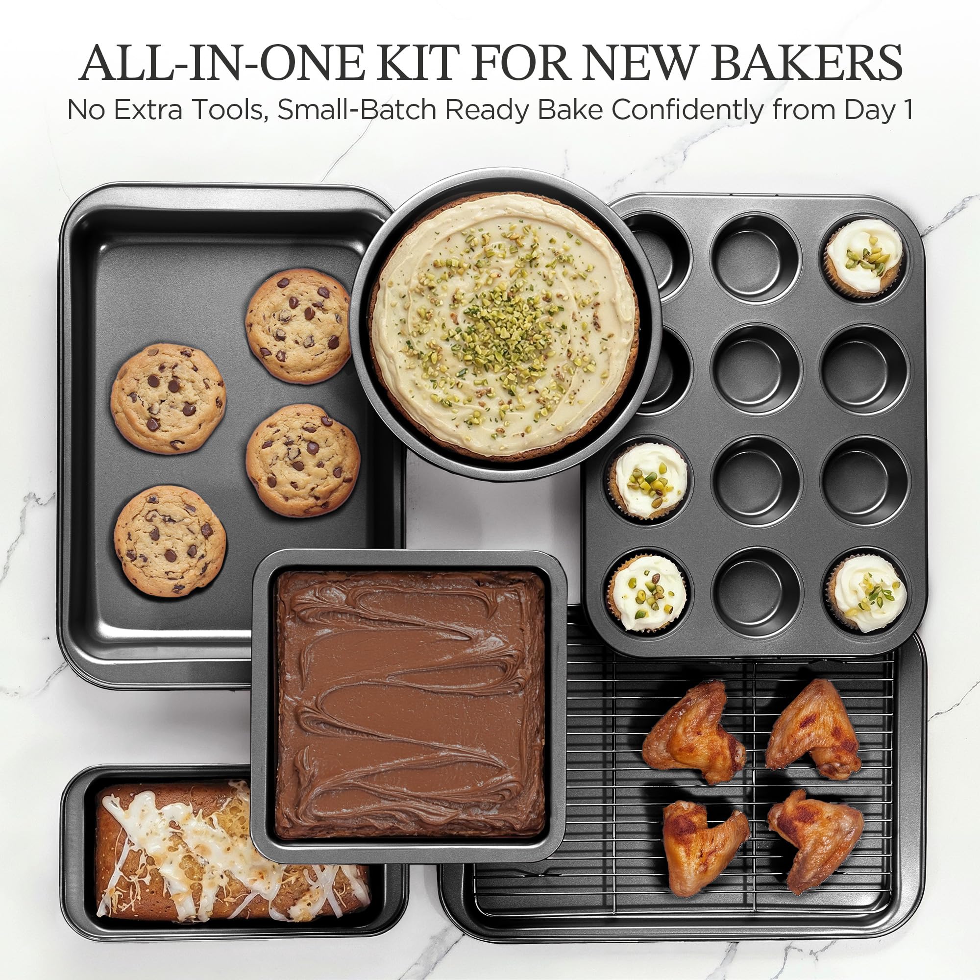 KITESSENSU Compact Baking Pans Sets, Nonstick Bakeware Sets 19-Piece with Round/Square Cake Pan, Loaf Pan, Muffin Pan, Cookie Sheet, Roast Pan, Cooling Rack, Carbon Steel Bake Set