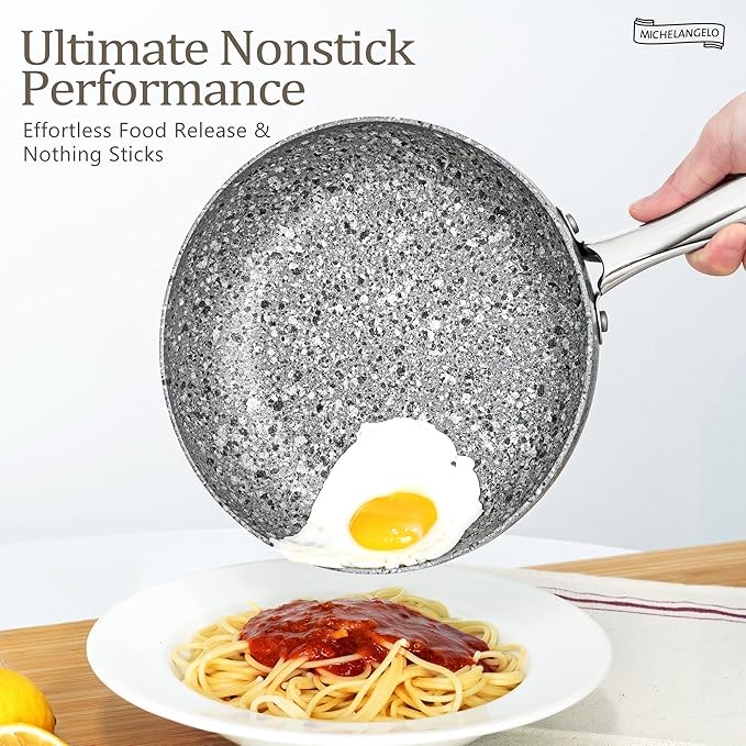 MICHELANGELO 8 Inch Frying Pan with Lid, Ultra Nonstick Small Fry Pan with Granite Interior, Granite Stone Skillet 8 Inch Nonstick, Egg Pans for Cooking, Oven Safe, Induction Compatible
