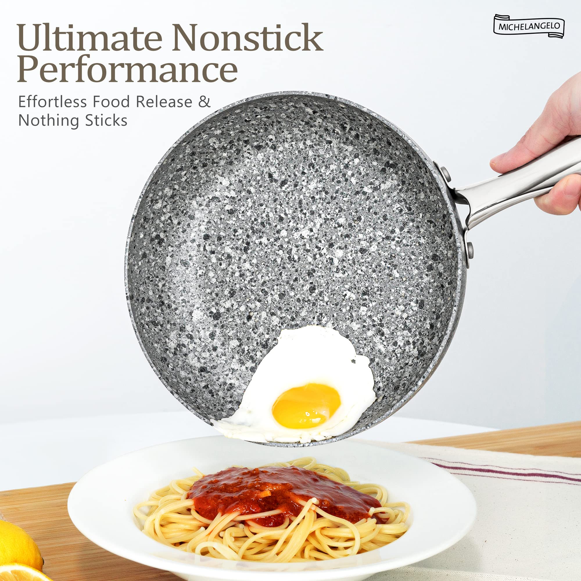 MICHELANGELO Granite Frying Pan with Lid, Nonstick 12 Inch Frying Pan with Non toxic Granite Coating, Induction Compatible