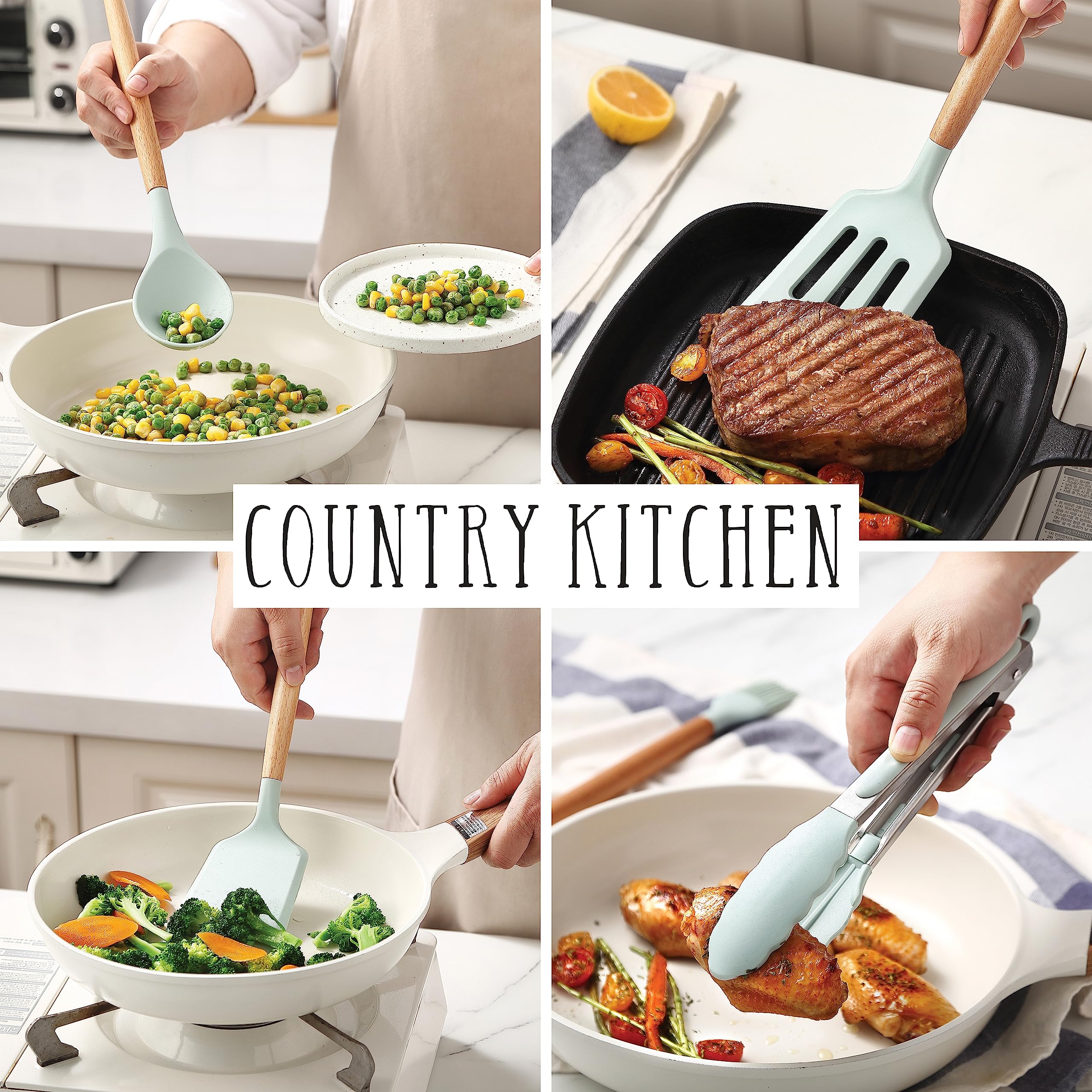 Country Kitchen Non Stick Silicone Utensil Set with Rounded Wood Handles for Cooking and Baking, 14 Piece Set, Mint