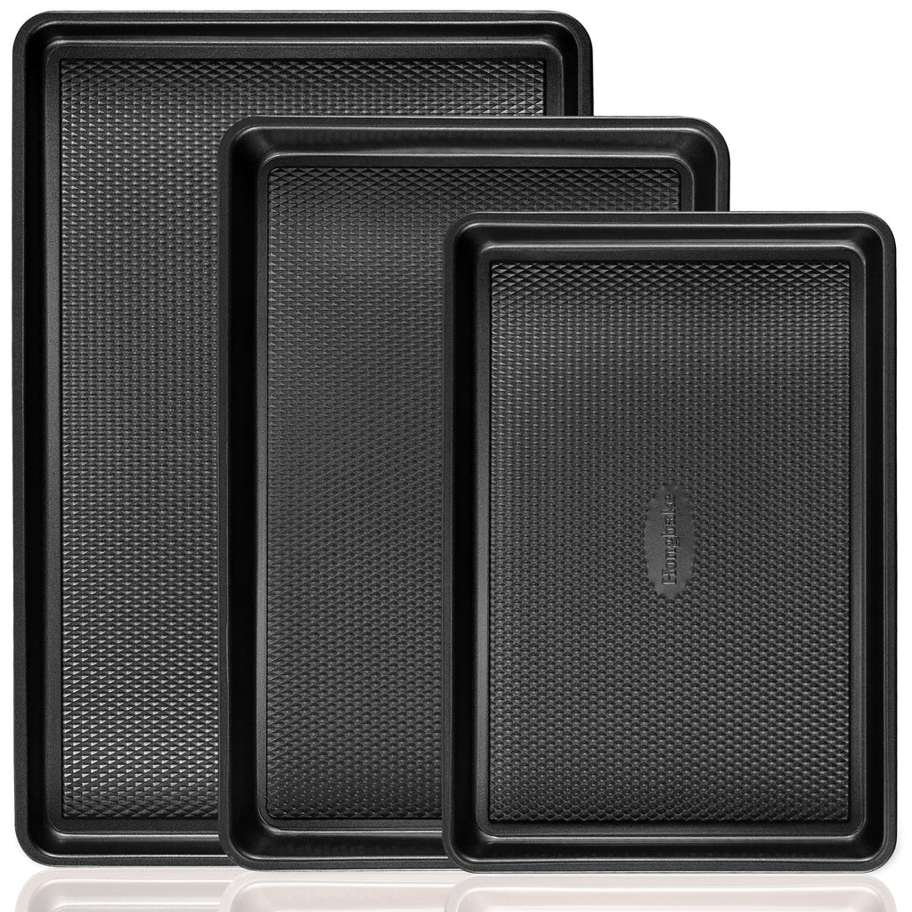 HONGBAKE 3 Pack Gold Nonstick Baking Sheet Pan Set with Oven Mitts Heat Resistant, Non-Toxic Half/Quarter/Jelly Roll Pans with Diamond Texture Pattern, Heavy Duty 0.8mm Thick Cookie Trays for Cooking