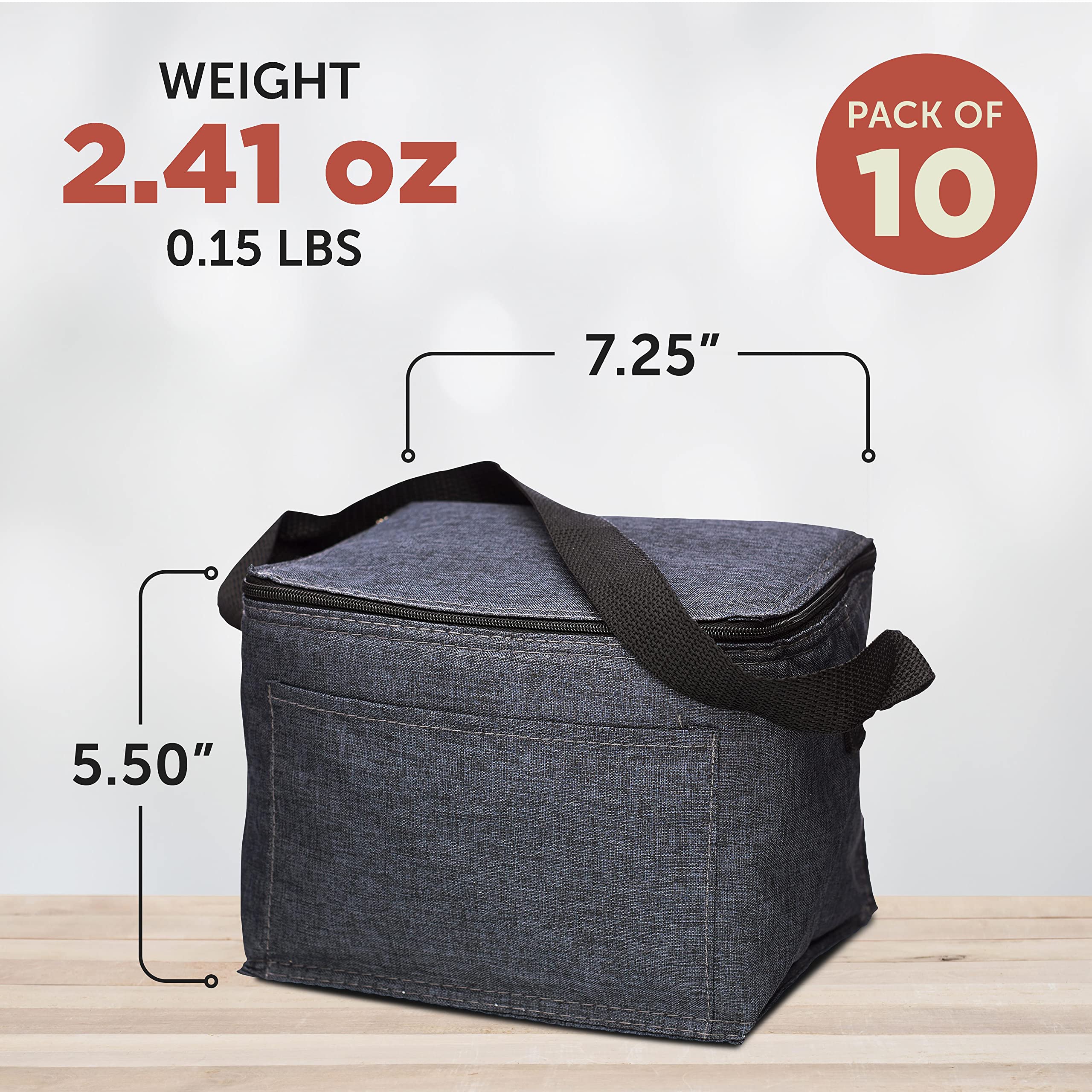 Insulated Cooler Lunch Bag Set of 10, Bulk Pack - Perfect for Work, Travel, Outdoor Events - Black