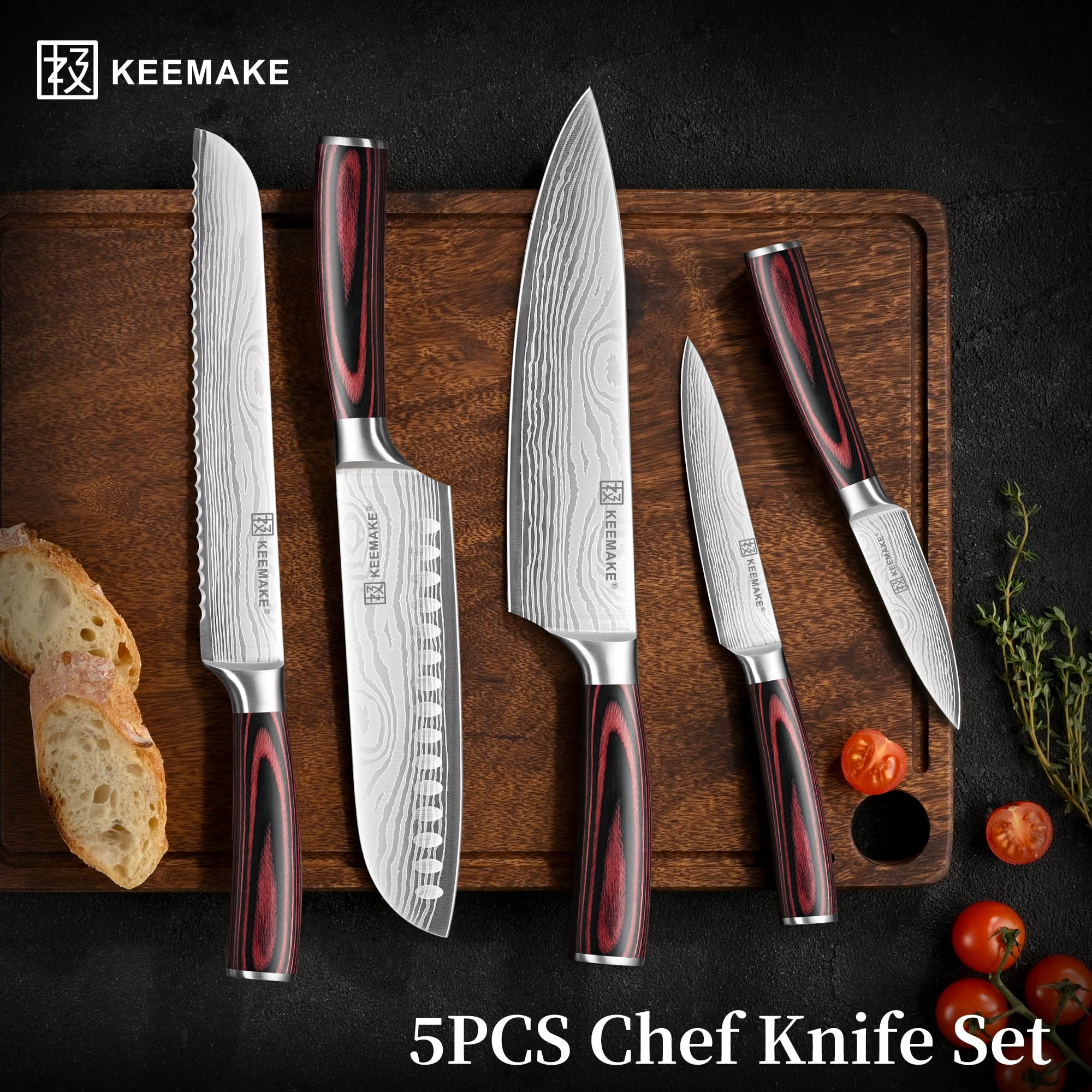 KEEMAKE 5 Pieces Kitchen Knife Set, Professional Ultra Sharp Chef Knife Set