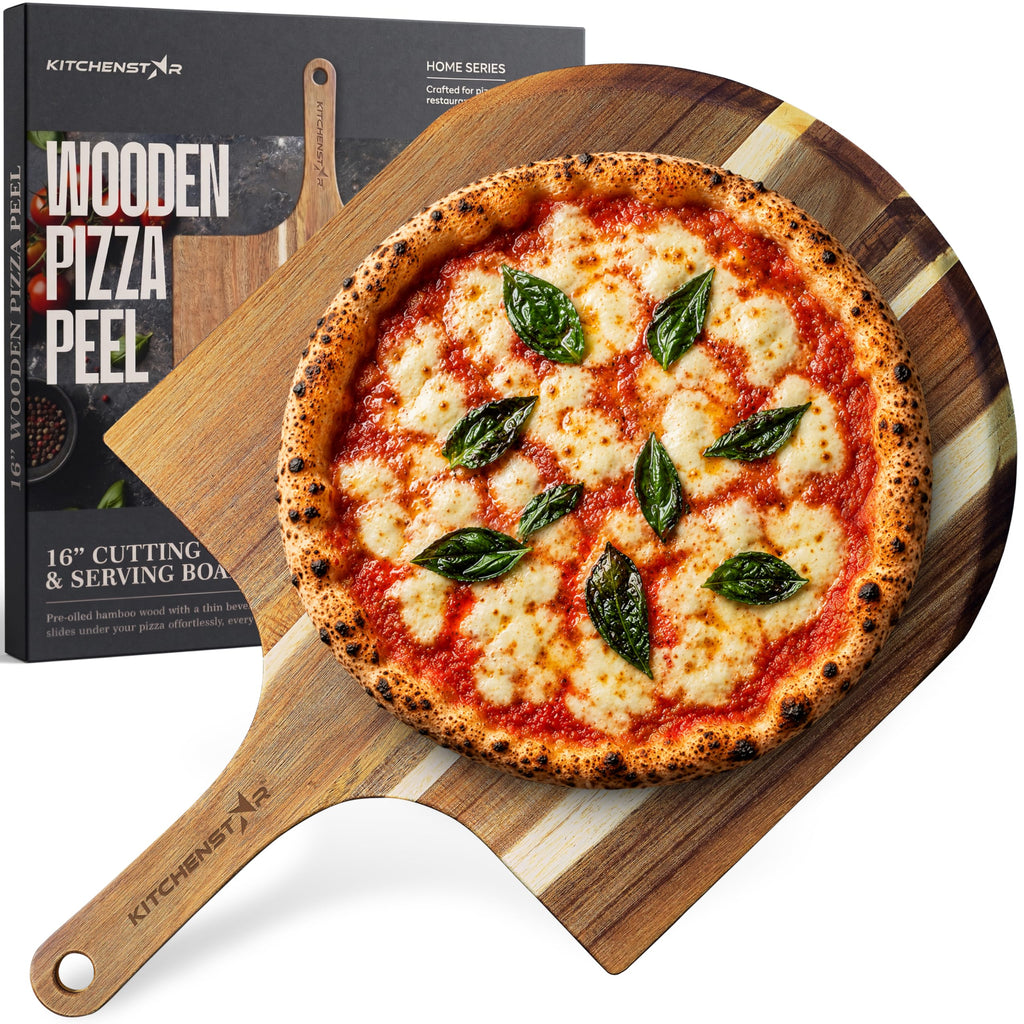 16-Inch Wooden Pizza Peel, X-Large Paddle, Cutting & Serving Board w Handle