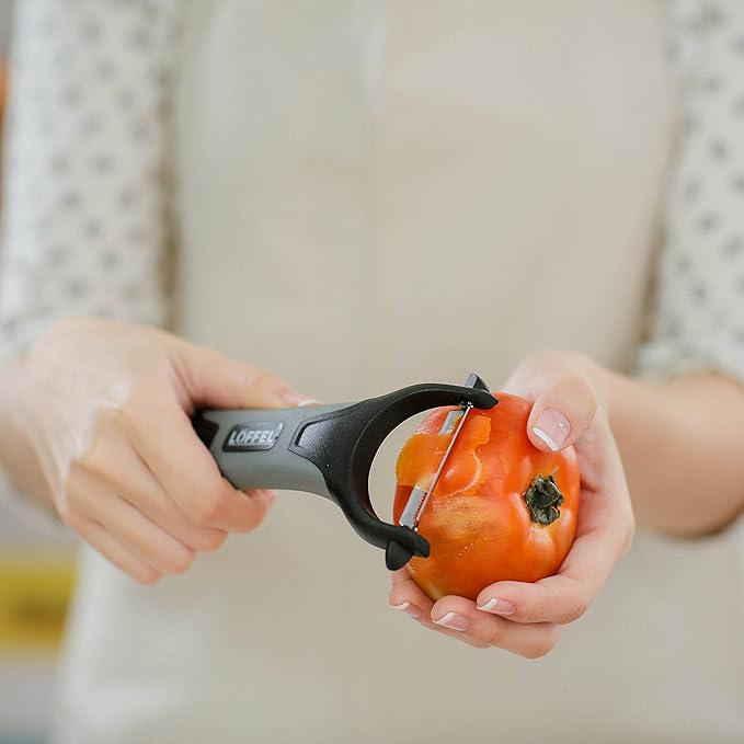 LÖFFEL Peeler for Potato Vegetable Orange - Heavy Duty Double Sided Dual Purpose Non Slip Grip Apple Fruit Y Shaped with Ultra Sharp Stainless Steel Straight and Serrated Blades, Dishwasher Safe