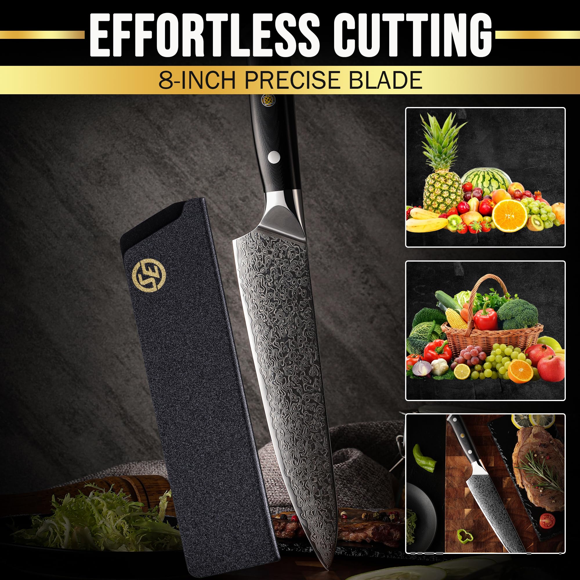 SliceElite Elite Series 8 Inch Chef Knife VG10 Damascus Steel Forged G10 Handle Sharp Kitchen Vegetable Meat Chopper Cutting Cooking Carving Precision Cleaver BBQ Fruit Professional Gift Blade Tool