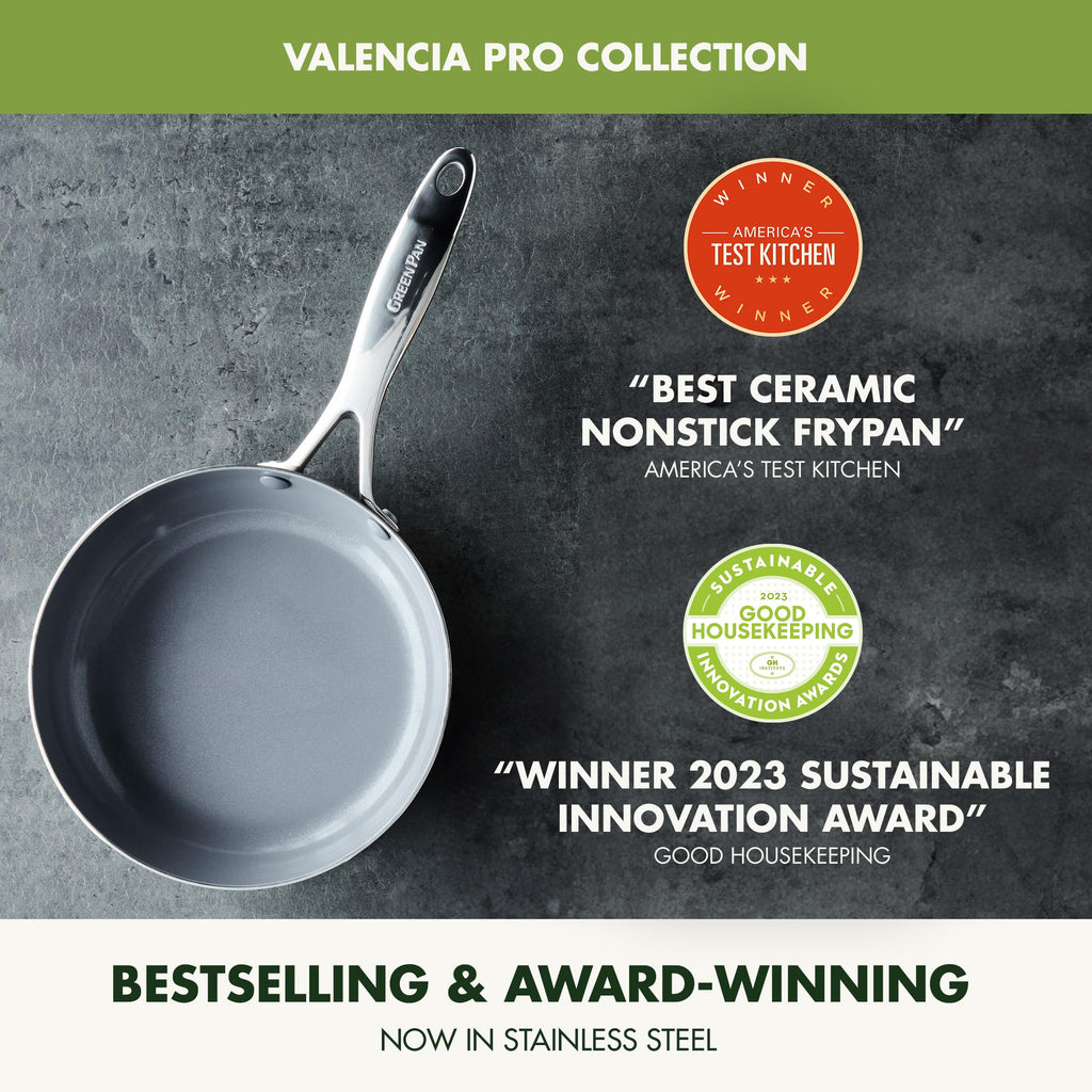 GreenPan Valencia Pro Tri-Ply Stainless Steel 10 Piece Cookware Set, PFAS-Free Ceramic Nonstick Coating, Induction Ready Pots & Pans, All Cooktops, Dishwasher & Oven Safe to 600F