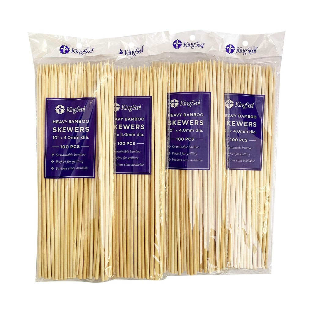KingSeal Renewable Bamboo Heavy Weight Kebab Skewers, BBQ Sticks, 10 Inches x 3.8 mm Diameter, Retail Pack - 2 Bags of 100 (200 Count)