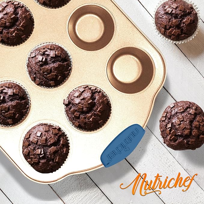 NutriChef 8-Piece Nonstick Bakeware Set - Heavy Duty Carbon Steel Baking Pans w/ Blue Silicone Handles - Pizza Crisper, Muffin & Loaf Pan, Round & Square Pans, Cookie Sheet - Champagne Gold