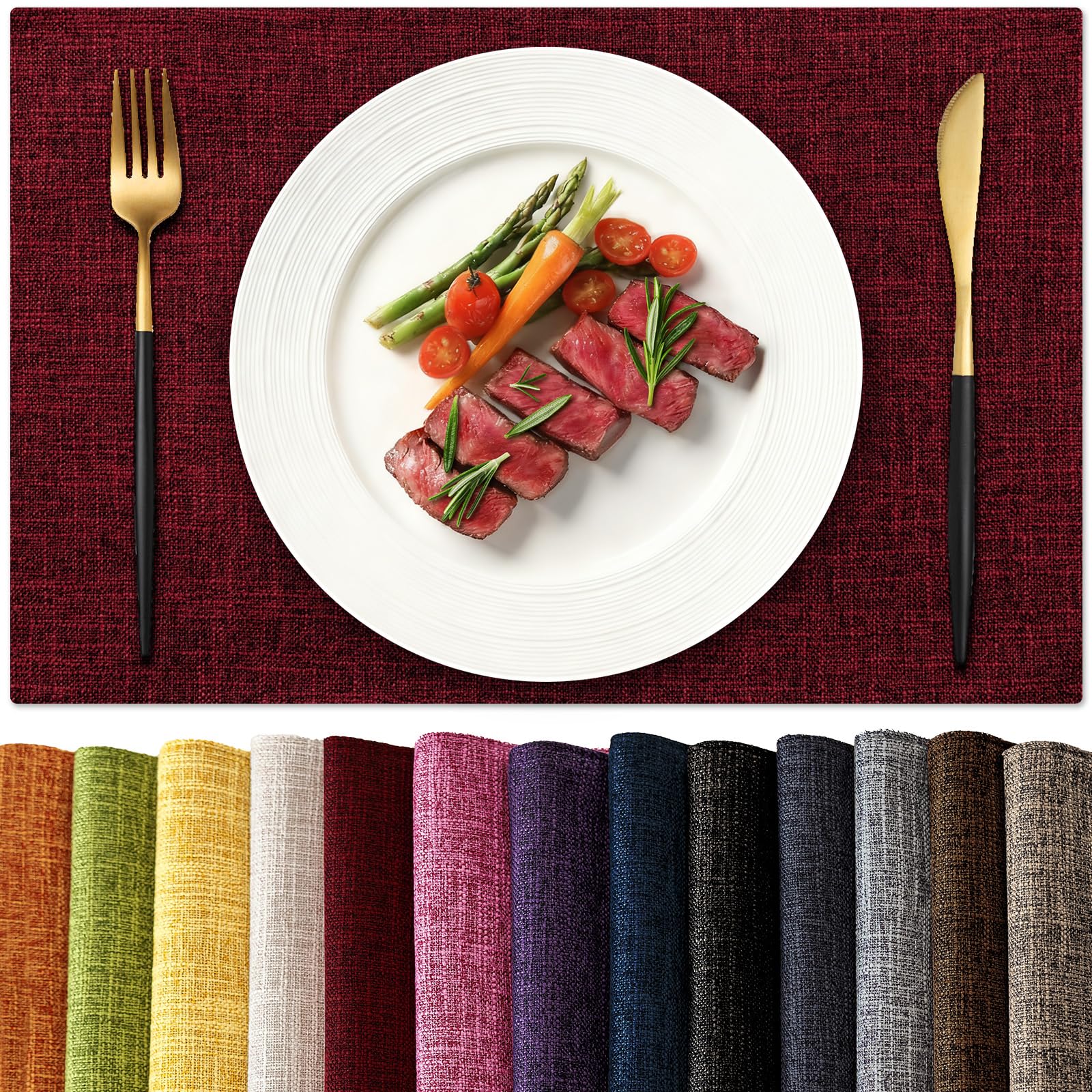 KXN Placemats Set of 6, Dual-Layer Thickened Faux Linen Table Mats, Heat Resistant & Wrinkle-Free, Machine Washable Cloth Place Mats for Kitchen Dining Indoor Outdoor (Red)