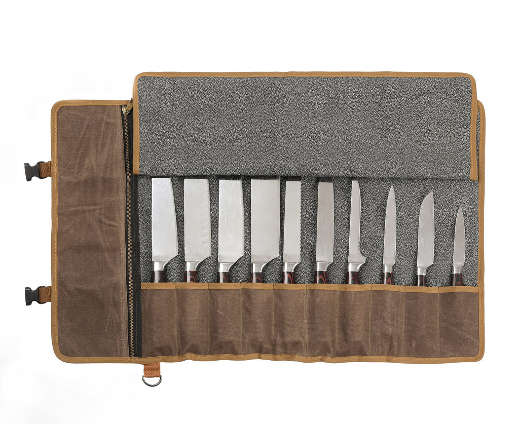 Chef's Knife Bag With 5 Slots, Wax Canvas Knife roll with Professional Anti Cutting Fabric Inside (Blue)