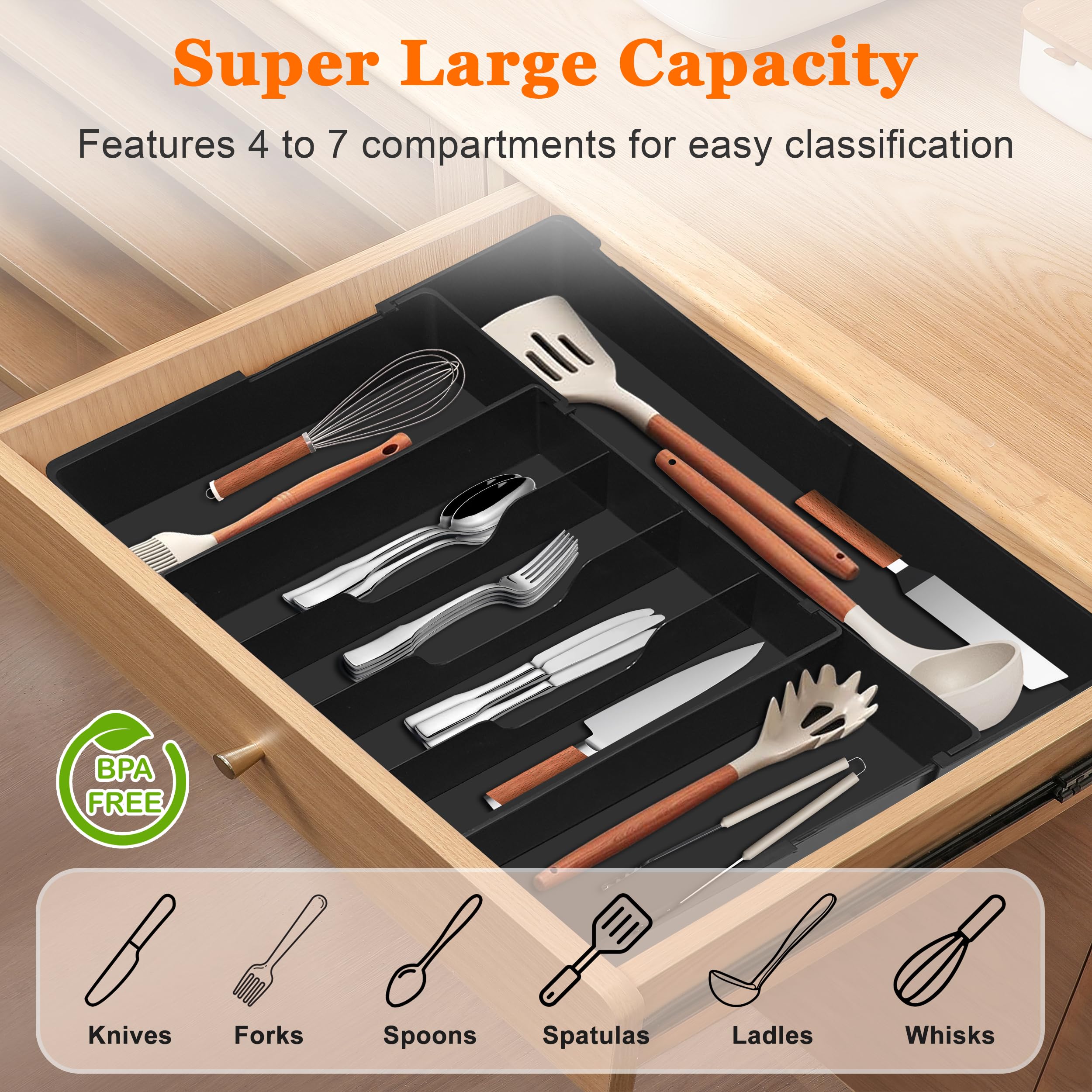 Spaclear Expandable Large Silverware Organizer - BPA-Free Food-Safe Utensil Drawer Organizer Adjustable Kitchen Drawer Organizer Flatware Cutlery Tray, Classified Storage for Spoons Forks Knives