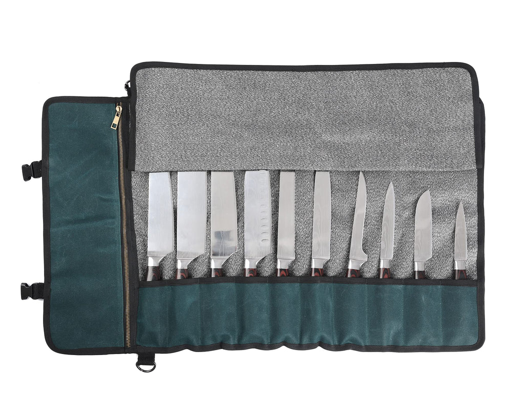Chef's Knife Bag With 5 Slots, Wax Canvas Knife roll with Professional Anti Cutting Fabric Inside (Blue)