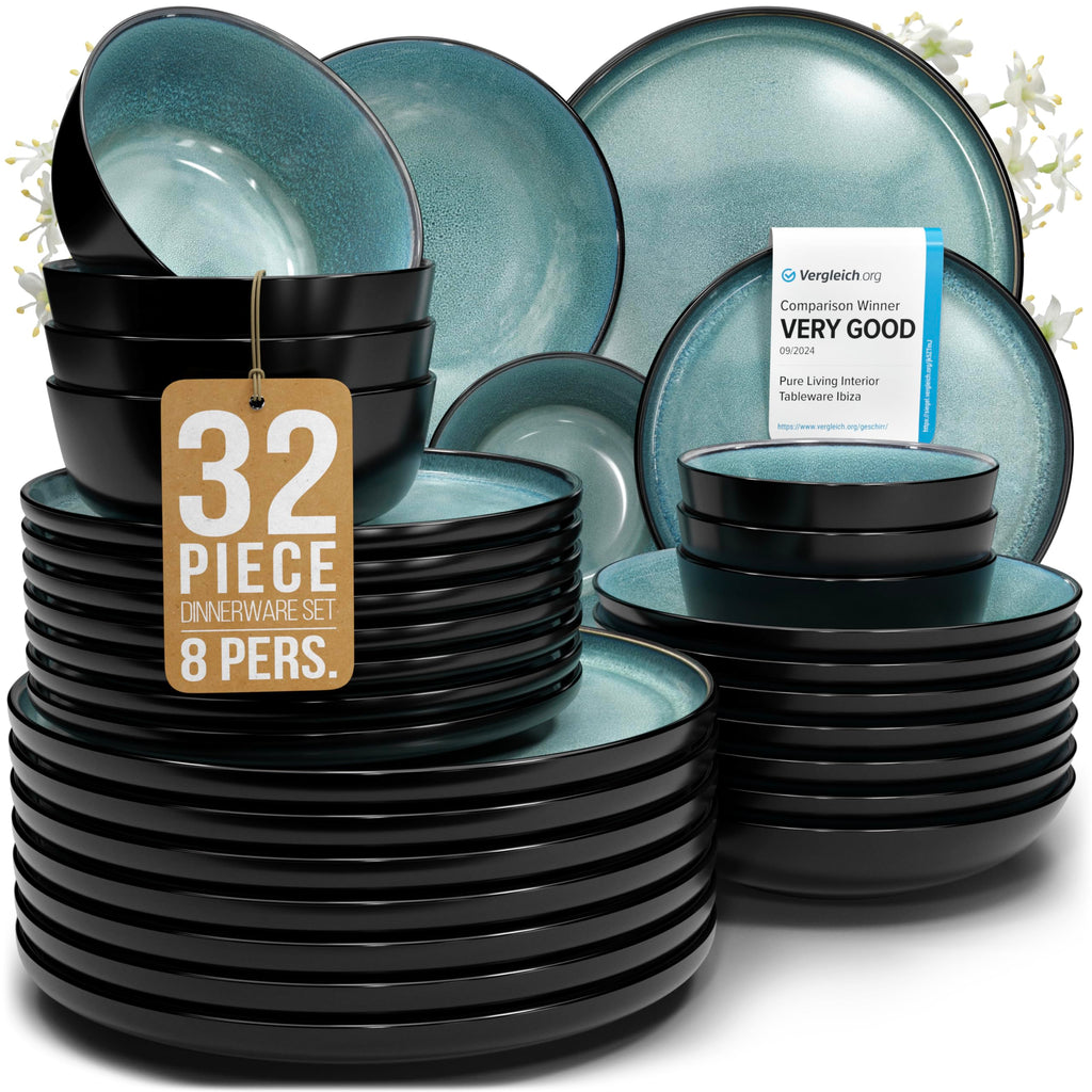 24 Piece Stoneware Dinnerware Set for 8, Handcrafted Plates and Bowls Set
