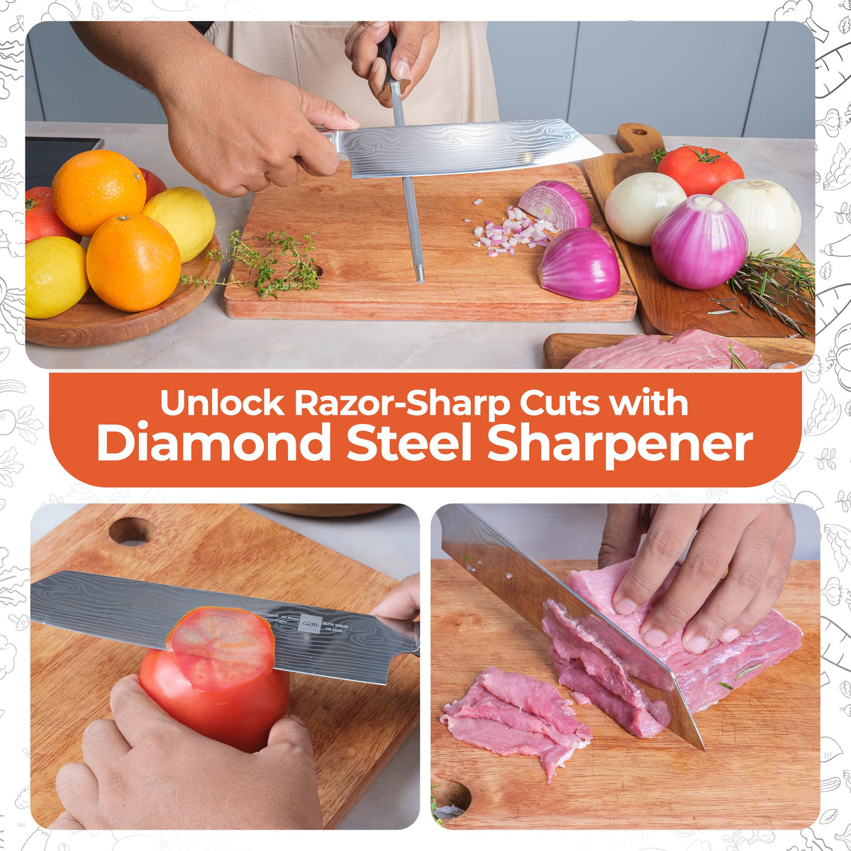 Gidli 8 Inch Chef Knife Set with Diamond Sharpener - Sharp Kitchen Knife
