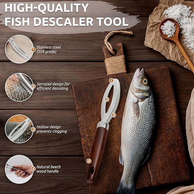 Dugato Fish Scale Remover Tool with Wooden Handle – Stainless Steel Fish Scaler Scraper for Quick & Easy Fish Cleaning – Rustproof Serrated Edge Seafood Descaling Tool for Kitchen & Outdoor Use