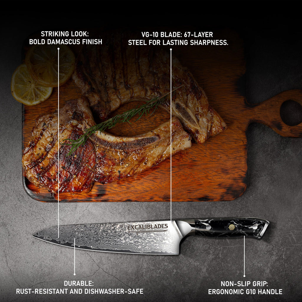 EXCALIBLADES 8” Chef Knife – VG10 Damascus Steel Kitchen Knife, Razor Sharp Professional Cooking Knife with Ergonomic G10 Handle, Luxury Gift Box & Sheath, Gift for Home Chefs