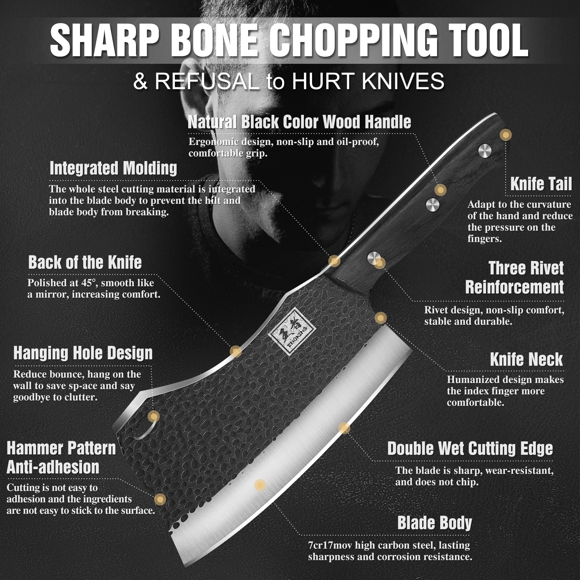 ENOKING 7.1″ Butcher Knife & Chef’s Knives – Hand Forged High Carbon Stainless Steel, Full Tang Meat Cleaver for Kitchen & Outdoor Meat Cutting