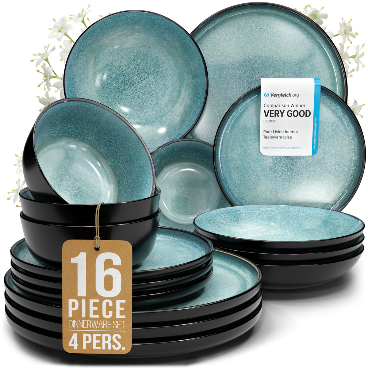 24 Piece Stoneware Dinnerware Set for 8, Handcrafted Plates and Bowls Set
