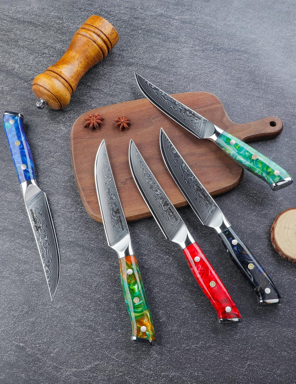 SANMUZUO Steak Knives Set of 4, Ultra Sharp Non Serrated Kitchen Steak Knife 5 Inch - Damascus Steel & Resin Handle - Xuan Series(Jade Green)