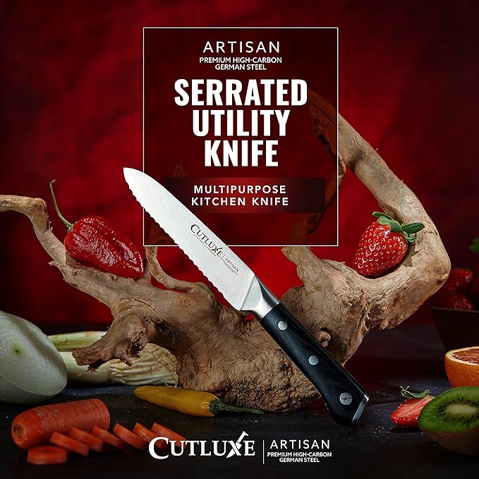 Cutluxe Serrated Tomato Knife – 5" Kitchen Utility Knife for Vegetables, Fruit & Bread – Razor Sharp Forged High Carbon German Steel, Full Tang, Ergonomic Pakkawood Handle – Artisan Series